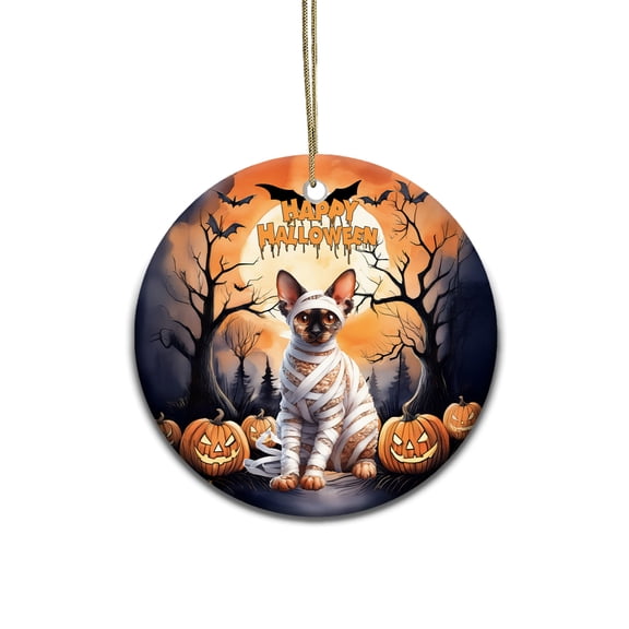 Mummy Devon Rex Happy Halloween with Pumpkins Bats Spooky Fun Ceramic Round Ornament Cat Lover Kitten Owner Gifts Home Tree Decor - 00019