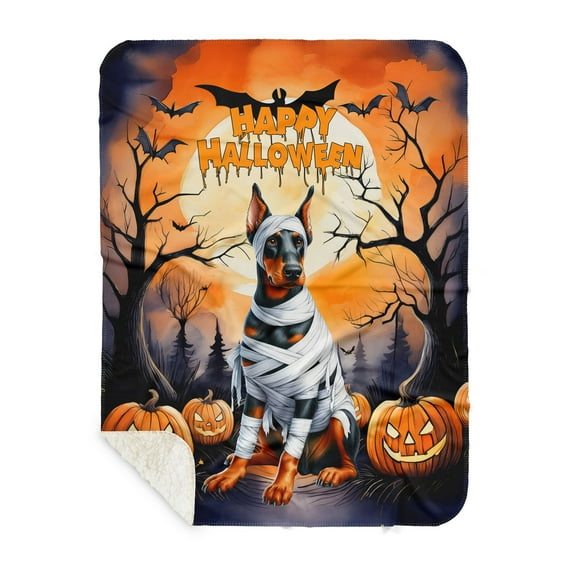 Mummy Doberman Pinscher Happy Halloween with Pumpkins Bats Spooky Fun Cozy Sherpa Blanket Doberman Dog Lover Gifts Warm Soft Throw Blanket - 00019