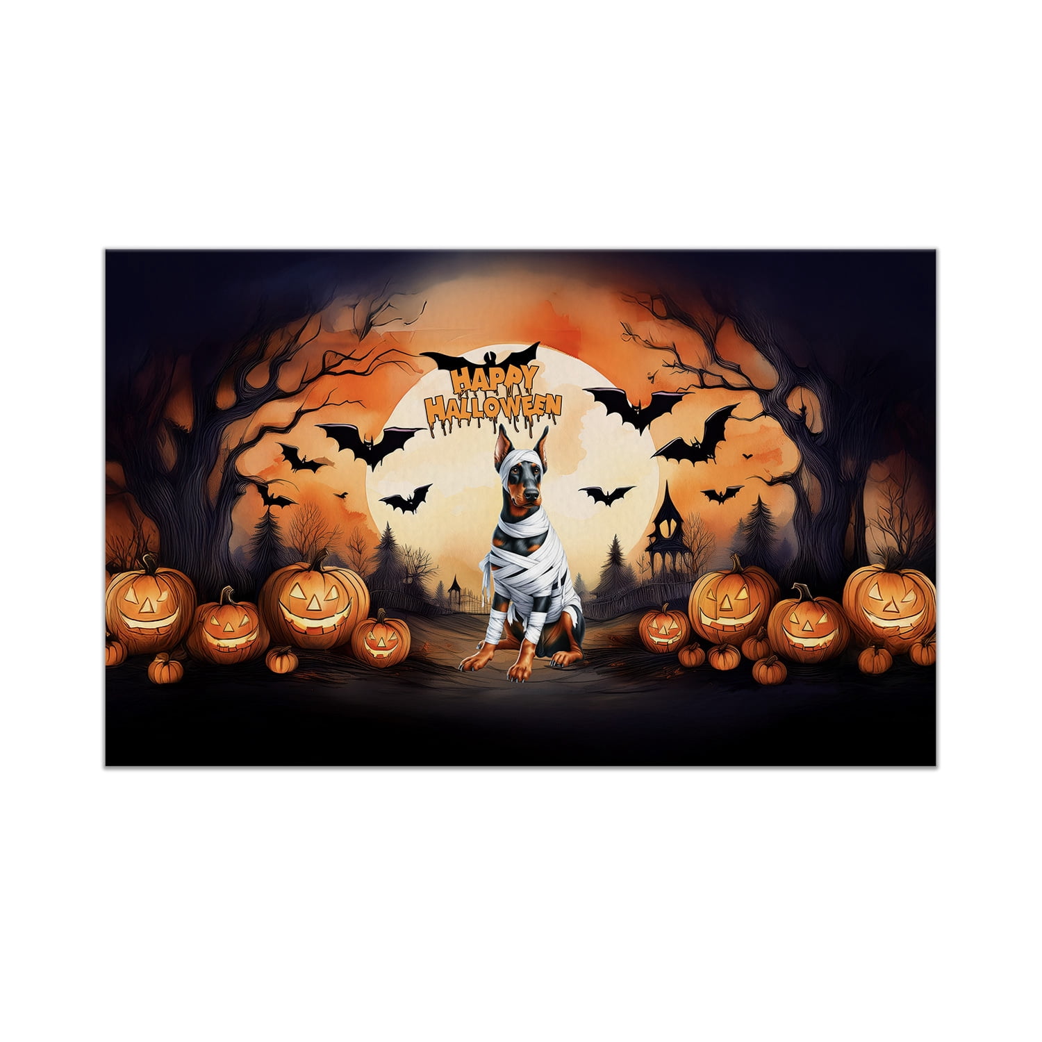 Picture Idea: Mummy Doberman Pinscher Happy Halloween With Pumpkins Bats Spooky Fun