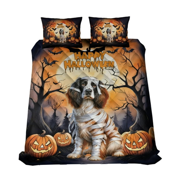 Mummy English Springer Spaniel Happy Halloween with Pumpkins Bats Spooky Fun Quilt Bedding Set Springers Dog Lover Gifts 1 Blanket Bed Cover 2 Pillowcases - 00019