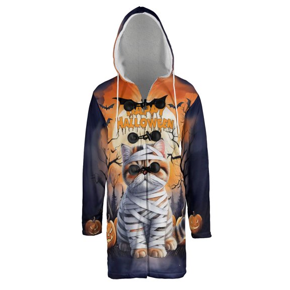 Mummy Exotic Shorthair Happy Halloween with Pumpkins Bats Spooky Fun All Over Print 3D Hooded Duffle Toggle Coat Cat Lover Kitten Owner Gifts - 00019