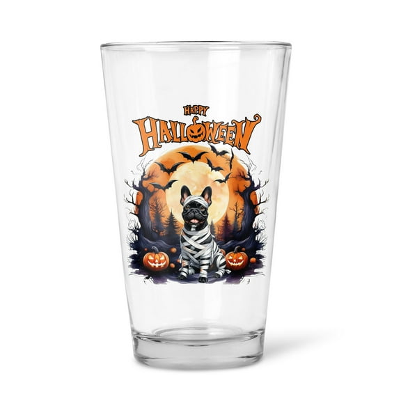 Mummy French Bulldog Happy Halloween with Pumpkins Bats Spooky Fun 16oz Pint Beer Glass Mug Dog Lover Gifts Beer Glasses Cup - 00019