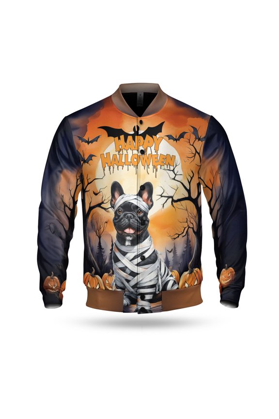 Mummy French Bulldog Happy Halloween with Pumpkins Bats Spooky Fun All Over Print 3D Baseball Jacket Dog Lover Gifts Bomber Jacket Softball - 00019