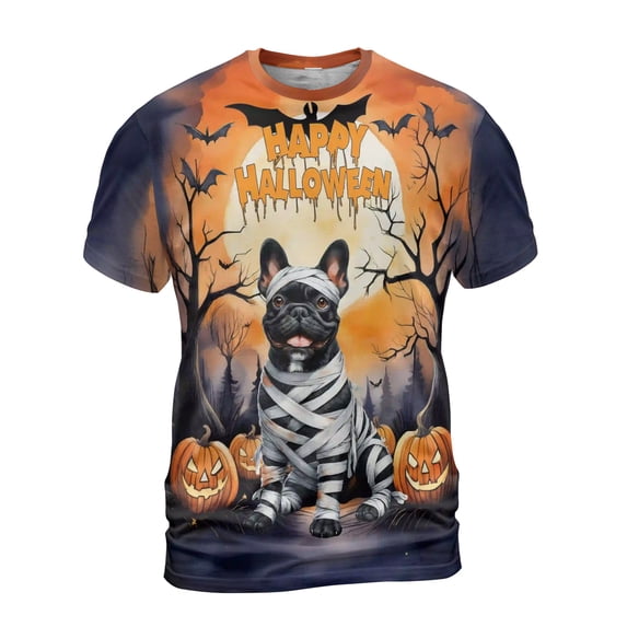 Mummy French Bulldog Happy Halloween with Pumpkins Bats Spooky Fun All Over Print 3D Shirt Unisex Merch Dog Lover Gifts - 00019