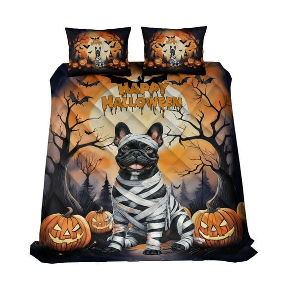 Mummy French Bulldog Happy Halloween with Pumpkins Bats Spooky Fun Quilt Bedding Set Dog Lover Gifts 1 Blanket Bed Cover 2 Pillowcases - 00019