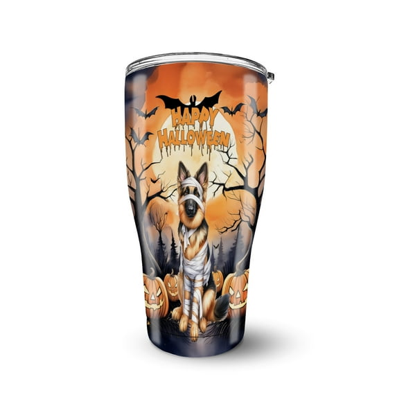 Mummy German Shepherd Happy Halloween with Pumpkins Bats Spooky Fun 30oz Stainless Steel Tumbler Insulated Cup with Lid Alsatian Dog Lover Gifts - 00019