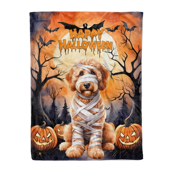 Mummy Goldendoodle Happy Halloween with Pumpkins Bats Spooky Fun Cozy Fleece Blanket Doodle Dog Lover Gifts Idea Warm Soft Throw Blanket - 00019