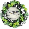 thumbnail image 1 of Mummy Halloween Wreath - Whimsical Mesh Outdoor Front Door Wreath - Black Lime Green White, 1 of 1