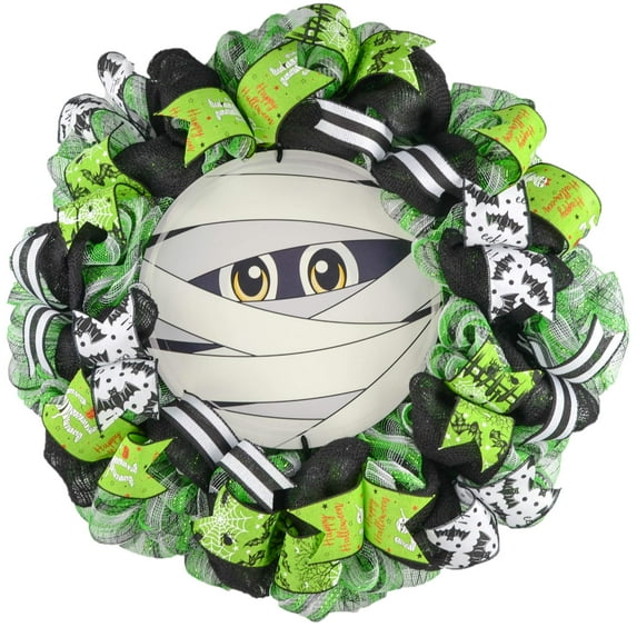 Mummy Halloween Wreath - Whimsical Mesh Outdoor Front Door Wreath - Black Lime Green White