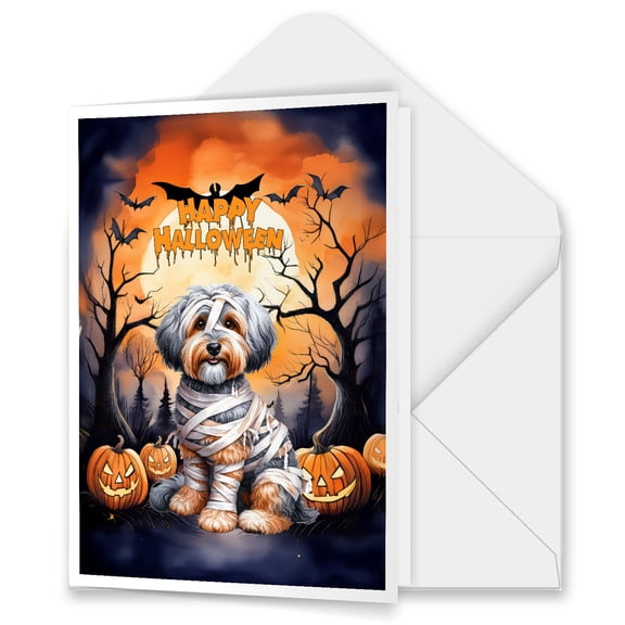 Mummy Havanese Happy Halloween with Pumpkins Bats Spooky Fun 5x7in Folded Greeting Card Havanese Dog Lover Gifts Idea Single Note Card with Envelope - 00019