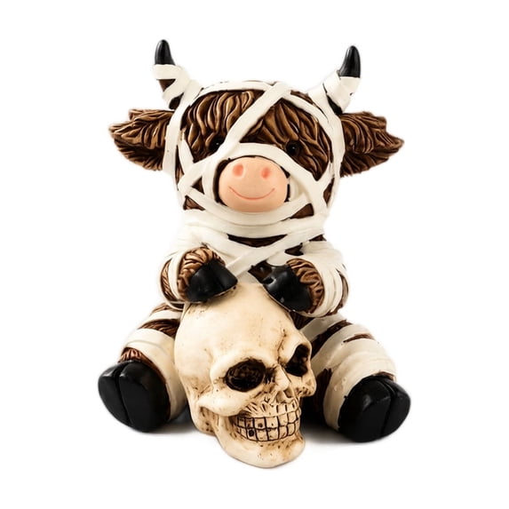 Mummy Highland Cow Resin Figurine with Skull, Cute Halloween Decor Statue, Halloween Decorations Indoor Tabletop Display, Ideal Halloween Gifts