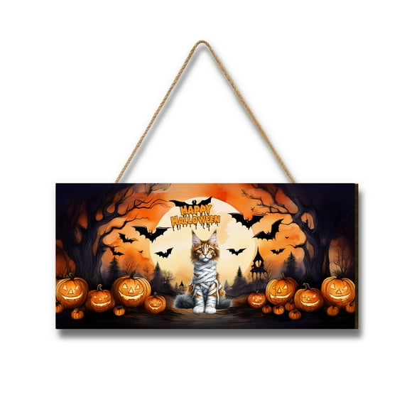Mummy Maine Coon Happy Halloween with Pumpkins Bats Spooky Fun Landscape Wood Sign Cat Lover Kitten Owner Gifts Hanging Wall Home Decor - 00019