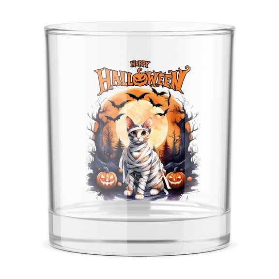 Mummy Manx Happy Halloween with Pumpkins Bats Spooky Fun 11oz Whiskey Glass Mug Cat Lover Kitten Owner Gifts Whiskey Cocktail Glasses Cup - 00019