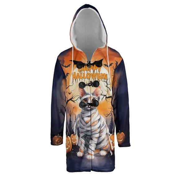 Mummy Manx Happy Halloween with Pumpkins Bats Spooky Fun All Over Print 3D Hooded Duffle Toggle Coat Cat Lover Kitten Owner Gifts - 00019