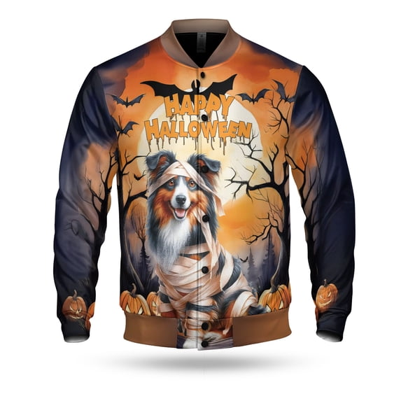 Mummy Miniature American Shepherd Happy Halloween with Pumpkins Bats Spooky Fun All Over Print 3D Baseball Jacket MAS Dog Lover Gifts Bomber Jacket Softball - 00019