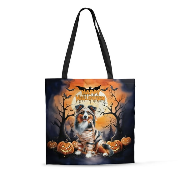 Mummy Miniature American Shepherd Happy Halloween with Pumpkins Bats Spooky Fun All Over Print 3D Canvas Tote Bag MAS Dog Lover Gifts Reusable Handbag - 00019