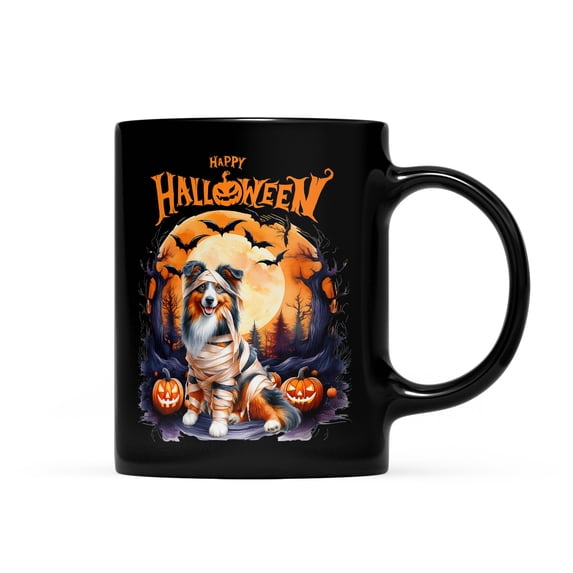 Mummy Miniature American Shepherd Happy Halloween with Pumpkins Bats Spooky Fun Mug MAS Dog Lover Gifts Coffee Tea Cup - 00019