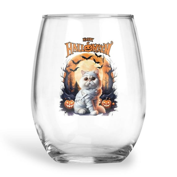 Mummy Persian Happy Halloween with Pumpkins Bats Spooky Fun 15oz Stemless Wine Glass Mug Cat Lover Kitten Owner Gifts Wine Glasses Cup - 00019