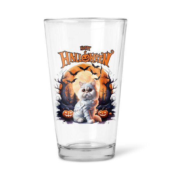 Mummy Persian Happy Halloween with Pumpkins Bats Spooky Fun 16oz Pint Beer Glass Mug Cat Lover Kitten Owner Gifts Beer Glasses Cup - 00019