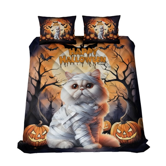 Mummy Persian Happy Halloween with Pumpkins Bats Spooky Fun Quilt Bedding Set Cat Lover Kitten Owner Gifts 1 Blanket Bed Cover 2 Pillowcases - 00019