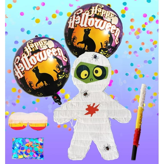 Mummy Pinatas, Perfect for Halloween Parties, Halloween Party Decorations, October Birthday celebrations includes Busterstick, Blindfold, Confetti and 2 Happy Halloween Ballons