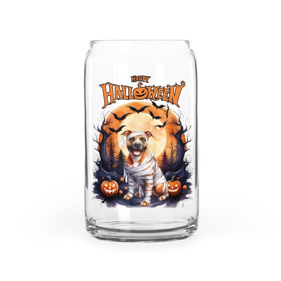 Mummy Pitbull Happy Halloween with Pumpkins Bats Spooky Fun 16oz Glass Cup Mug Terrier Dog Lover Glass Can - 00019