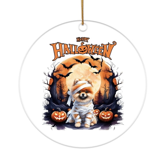 Mummy Pomeranian Happy Halloween with Pumpkins Bats Spooky Fun Acrylic Round Ornament Pom Dog Lover Gifts Home Tree Decor - 00019