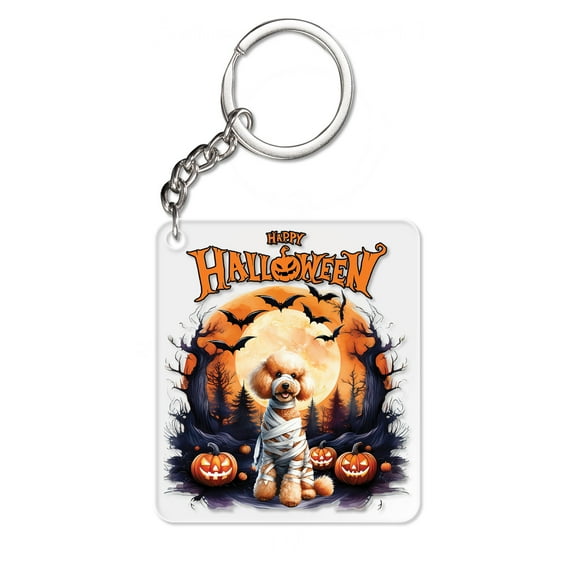 Mummy Poodle Happy Halloween with Pumpkins Bats Spooky Fun Acrylic Keychain Poodles Dog Lover Gifts Idea Collar Charm Tag Keyring - 00019