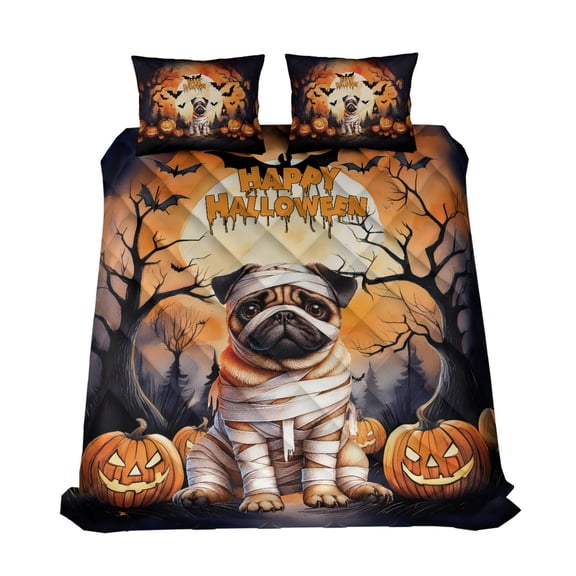 Mummy Pug Happy Halloween with Pumpkins Bats Spooky Fun Quilt Bedding Set Dog Lover Gifts 1 Blanket Bed Cover 2 Pillowcases - 00019