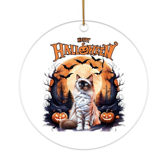 Mummy Ragdoll Happy Halloween with Pumpkins Bats Spooky Fun Acrylic Round Ornament Cat Lover Kitten Owner Gifts Idea Home Tree Decor - 00019