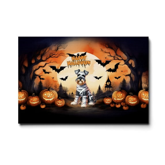 Mummy Schnauzer Happy Halloween with Pumpkins Bats Spooky Fun Horizontal Matte Canvas Poster Miniature Schnauzer Dog Lover Wall Art Home Decor - 00019
