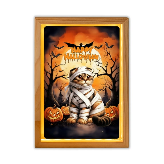 Mummy Scottish Fold Happy Halloween with Pumpkins Bats Spooky Fun Acrylic Plaque with Wood Photo Frame Box Cat Lover Kitten Owner Gifts Light Box - 00019