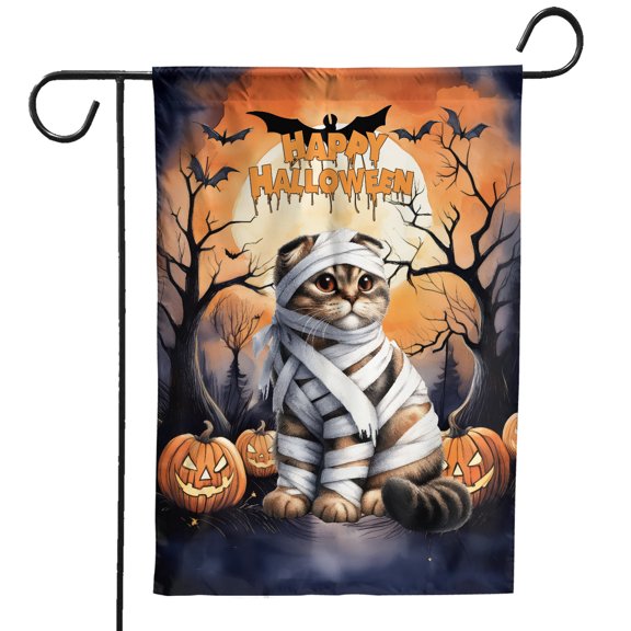 Mummy Scottish Fold Happy Halloween with Pumpkins Bats Spooky Fun Garden Flag 12x18in Double Sided Cat Lover Kitten Owner Gifts Outdoor Decor - 00019