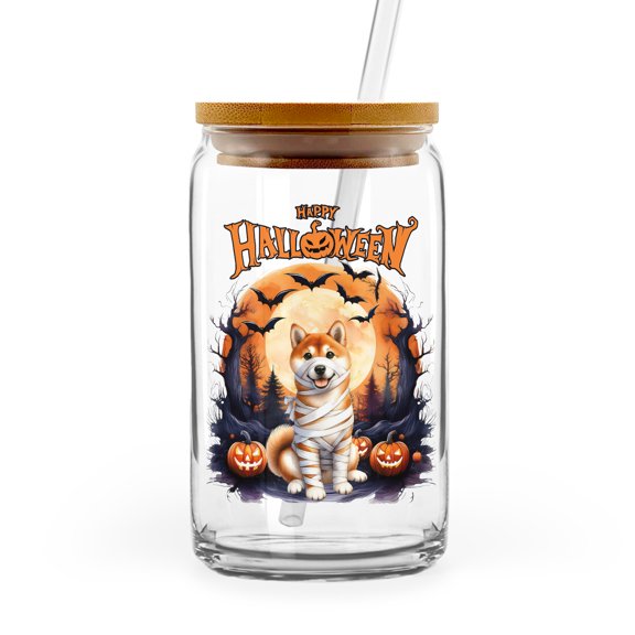 Mummy Shiba Inu Happy Halloween with Pumpkins Bats Spooky Fun 16oz Glass Cup Mug Shibas Dog Lovers Gifts Idea Glass Can with Bamboo Lid and Straw - 00019
