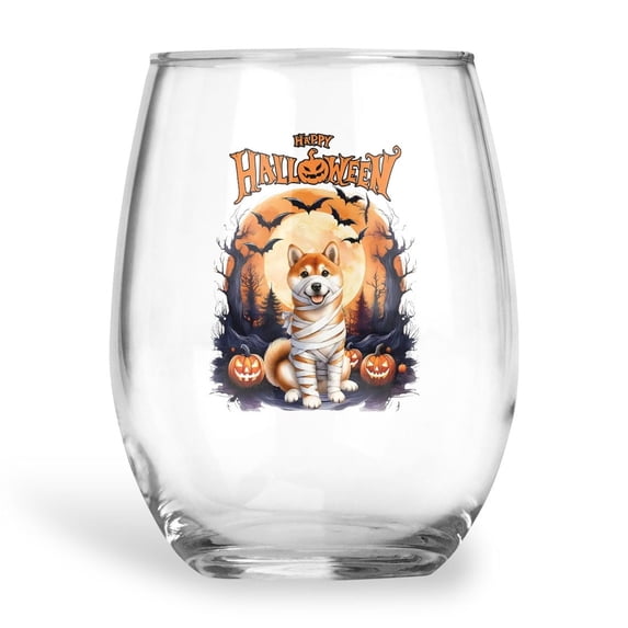 Mummy Shiba Inu Happy Halloween with Pumpkins Bats Spooky Fun 15oz Stemless Wine Glass Mug Shibas Dog Lovers Gifts Idea Wine Glasses Cup - 00019