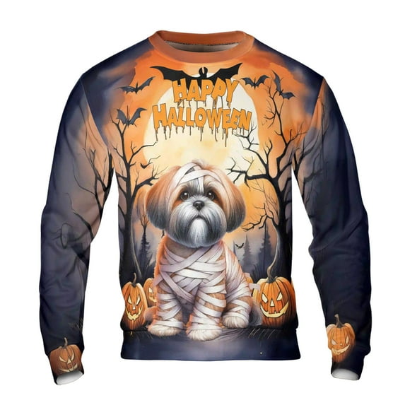 Mummy Shih Tzu Happy Halloween with Pumpkins Bats Spooky Fun All Over Print 3D Sweatshirt Unisex Merch Lion Dog Lover Gifts - 00019