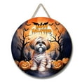 thumbnail image 1 of Mummy Shih Tzu Happy Halloween with Pumpkins Bats Spooky Fun Round Wood Sign Lion Dog Lover Gifts Hanging Wall Home Decor - 00019, 1 of 5