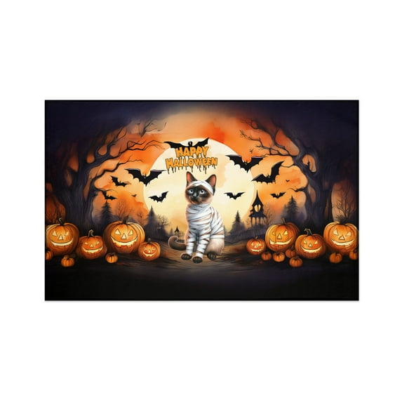 Mummy Siamese Happy Halloween with Pumpkins Bats Spooky Fun Indoor Rug Cat Lover Kitten Owner Gifts Carpet Living Bed Room Sofa Home Decor - 00019