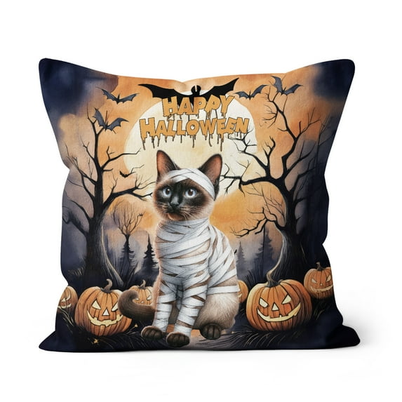 Mummy Siamese Happy Halloween with Pumpkins Bats Spooky Fun Pillow Cushion Double Sided Cat Lover Kitten Owner Gifts Throw Pillow - 00019