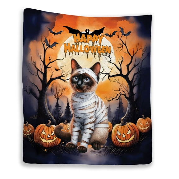 Mummy Siamese Happy Halloween with Pumpkins Bats Spooky Fun Quilt Blanket Cat Lover Kitten Owner Gifts Cozy Comforter Throw Blanket - 00019