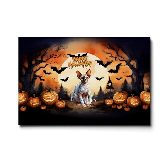 Mummy Sphynx Happy Halloween with Pumpkins Bats Spooky Fun Horizontal Matte Canvas Poster Cat Lover Kitten Owner Gifts Idea Wall Art Home Decor - 00019