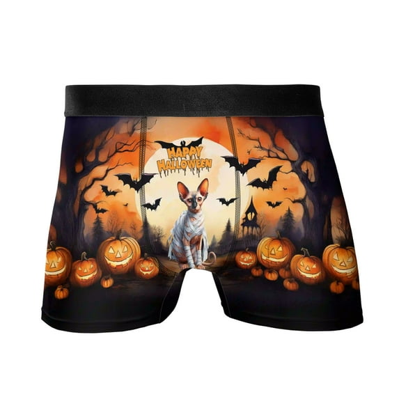 Mummy Sphynx Happy Halloween with Pumpkins Bats Spooky Fun All Over Print Boxer Briefs Underwear for Men Dad Cat Lover Kitten Owner Gifts Idea - 00019