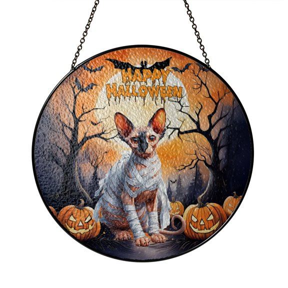 Mummy Sphynx Happy Halloween with Pumpkins Bats Spooky Fun Stained Glass Suncatcher Cat Lover Kitten Owner Gifts Idea Window Hanging Sign Decor - 00019