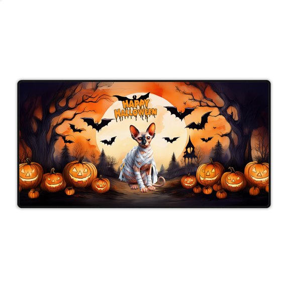 Mummy Sphynx Happy Halloween with Pumpkins Bats Spooky Fun Desk Mat Full Keyboard Mouse Pad Cat Lover Kitten Owner Gifts Idea Large Mousepad - 00019
