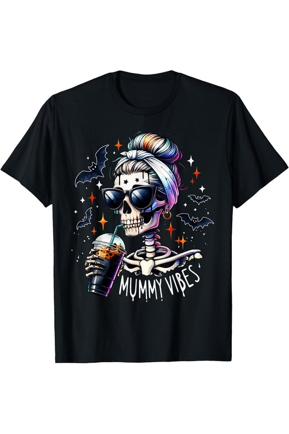 Mummy Vibes Skeleton Coffee Mom Spooky Season Halloween T-Shirt, Unisex T-Shirt