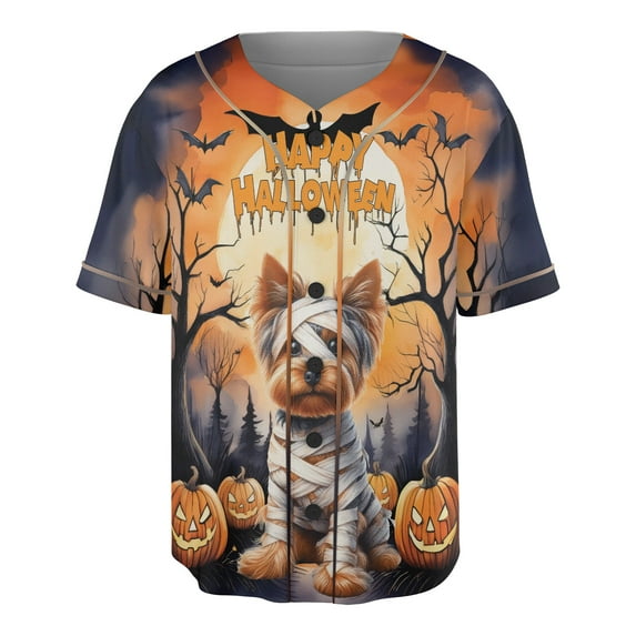 Mummy Yorkshire Terrier Happy Halloween with Pumpkins Bats Spooky Fun All Over Print 3D Baseball Shirt Yorkie Dog Lover Gifts Softball Sport - 00019
