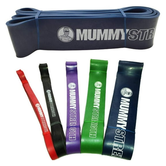 MummyStrength Resistance Bands for Men and Women. The Best Stretch Band for Pull Up Exercise and Powerlifting. Works with Any Pull Up Bar or Station. Single Band. Workout Included Blue