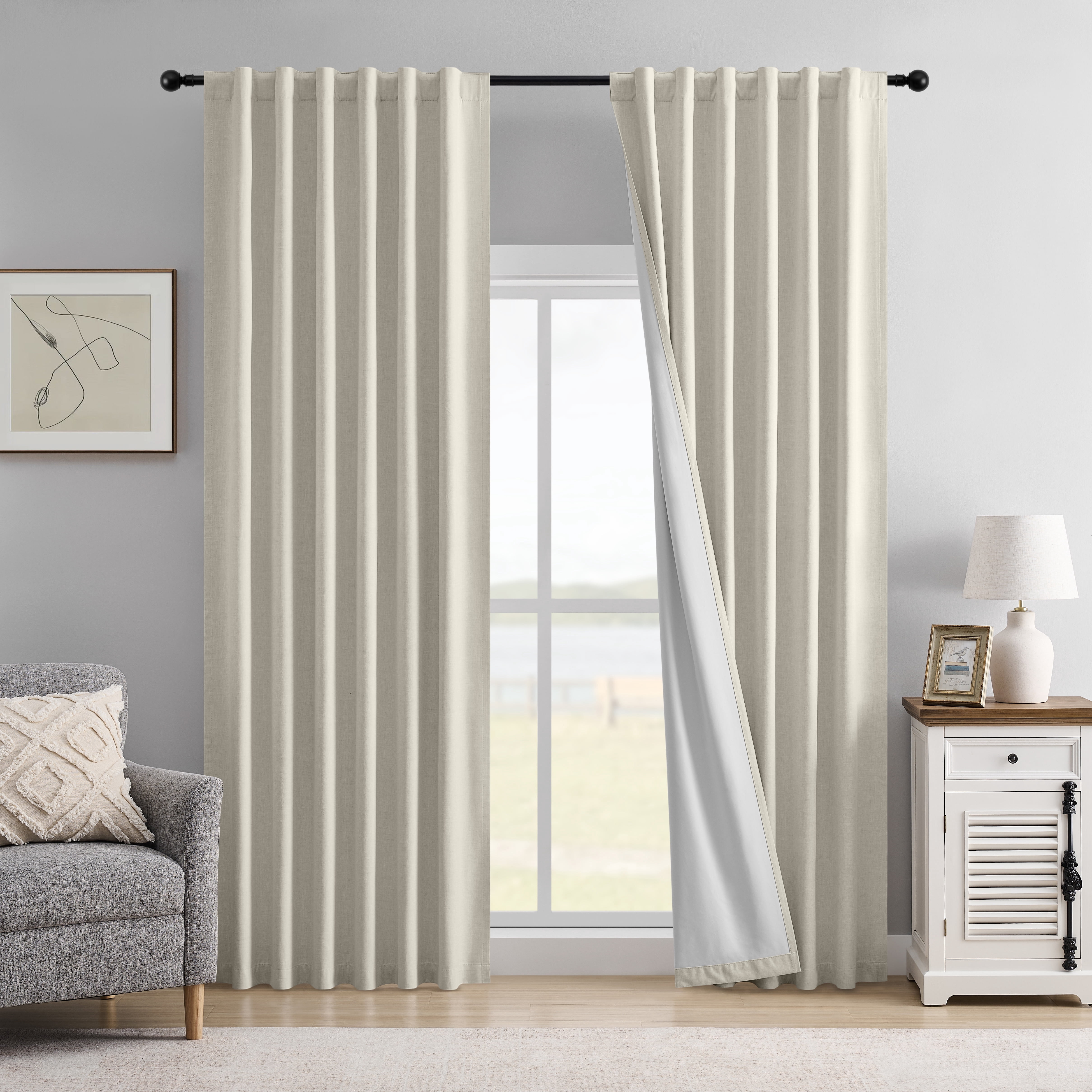 Muuphra Farmhouse 100% Blackout Back Tab Curtains for Living Room,2 Panels,Linen,52×84 Inches