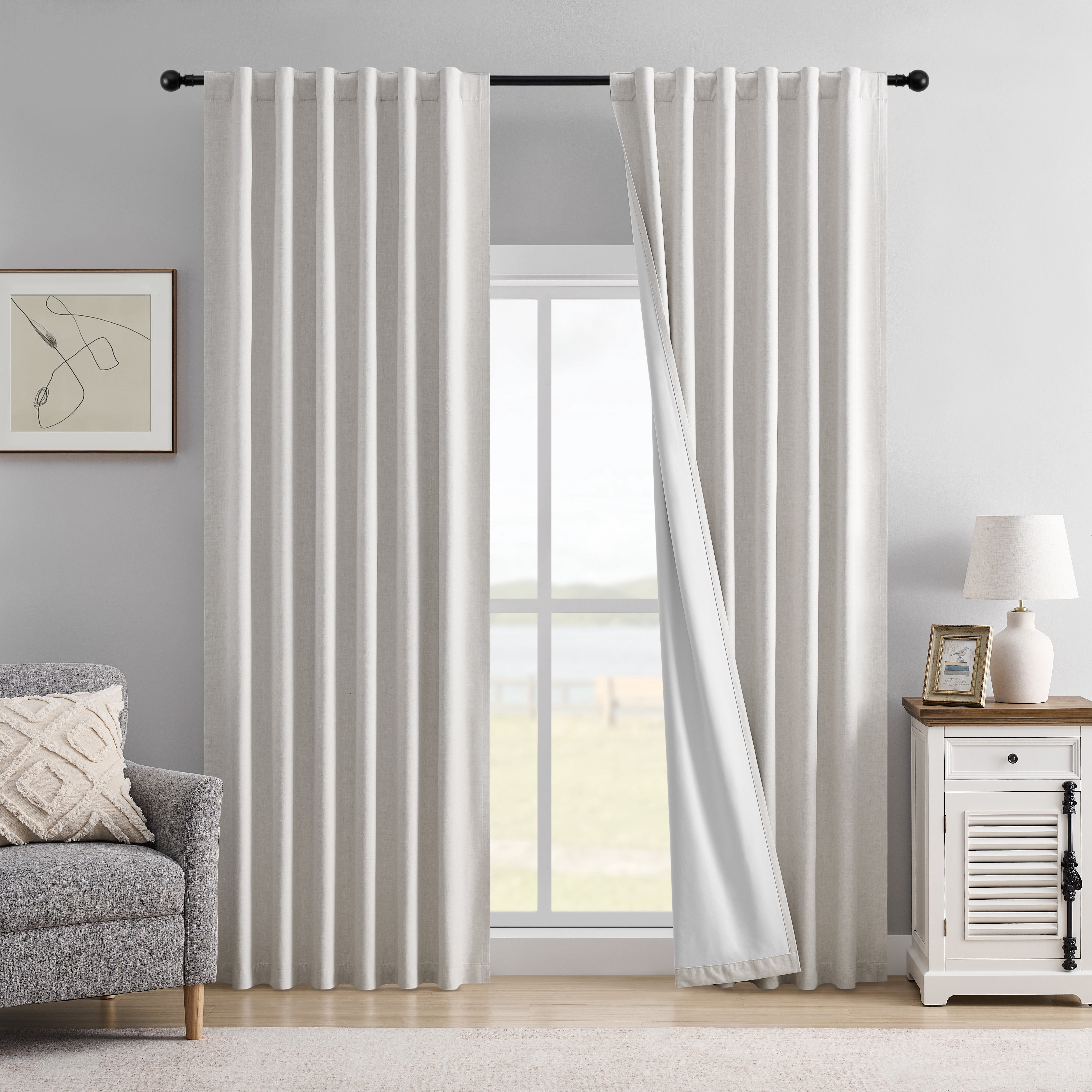 Muuphra Farmhouse 100% Blackout Back Tab Curtains for Living Room,2 Panels,Ivory White,52×95 Inches