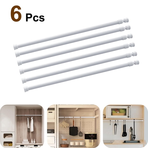 Mumo 6 Pcs Spring Tension Curtain Rod,Multifunctional Adjustable Rods for Kitchen Bathroom Wardrobe Closet,No Drilling,White,20-35"